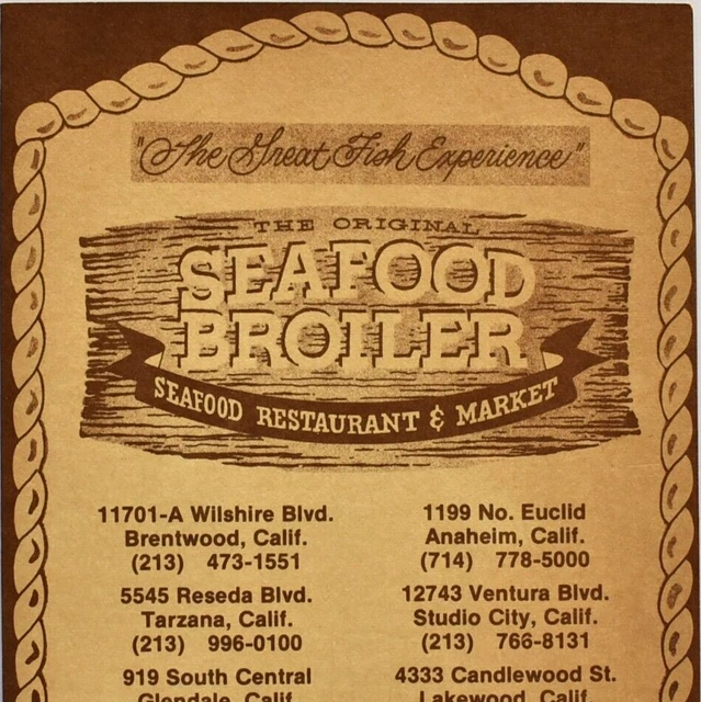 1980S SEAFOOD BROILER Restaurant Market Menu Brentwood Tarzana Anaheim