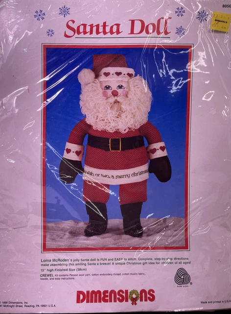 Kit de muñeca vintage Santa 8056 crewel 15" de altura dimensiones selladas de Navidad 1986
