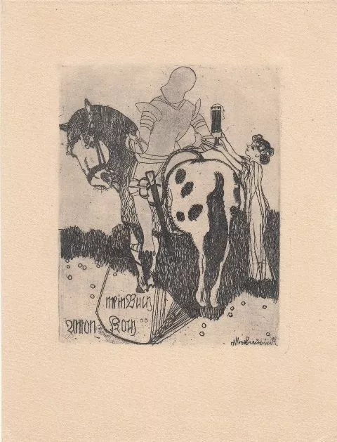 Exlibris Bookplate Radierung Otto Bauriedl 1879-1961 Chevalier Cheval Dame