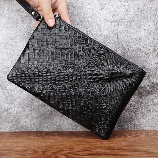 Men's Genuine Leather Black Wallet Clutch Crocodile Embossed Zipper Envelope Bag