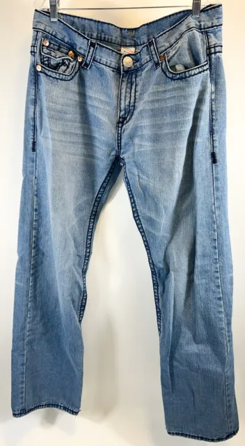Vintage True Religion Mens Joey Flare Jeans Logo Rivets 38 Light Blue Denim