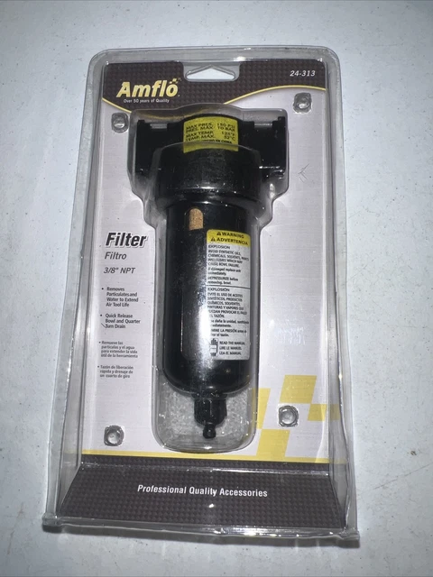 Compressed Air Filter, 3/8" NPT, Metal Housing, 150 psi, 5 micron, Amflo 24-313