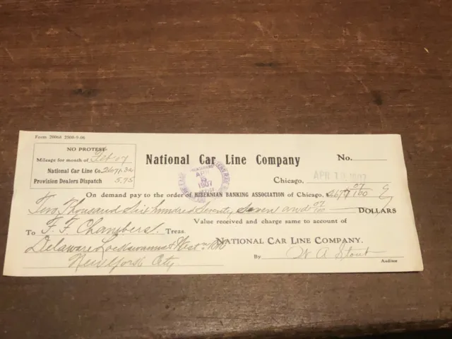 1907 Chicago IL St. Paul MN Railroad Bank Check National Car Line Company DL&W !
