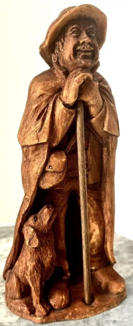 OLD HAND CARVED WOOD LOOK MAN w/DOG WALKING STICK STATUE SIGNED SIC FRANCE LABEL