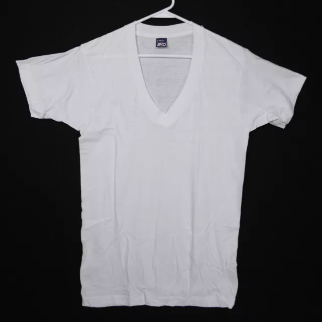 VTG 80s 90s BVD BLANK White V Neck T SHIRT SINGLE-STITCH Made In USA Mens Medium