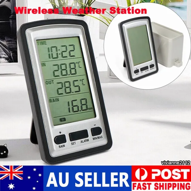 AU Wireless Weather Station Thermometer LCD Digital Alarm Clock Rain Gauge Meter