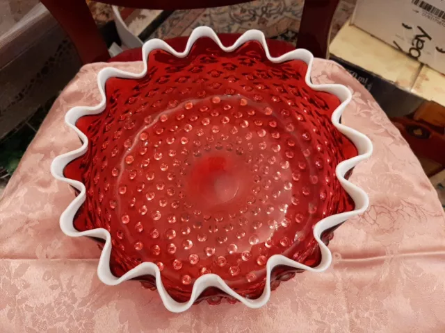 Antique Hobbs Fenton Ruby White Milk Crest Hobnail Bowl! SPECTACULAR 100y/OLD!!! 2