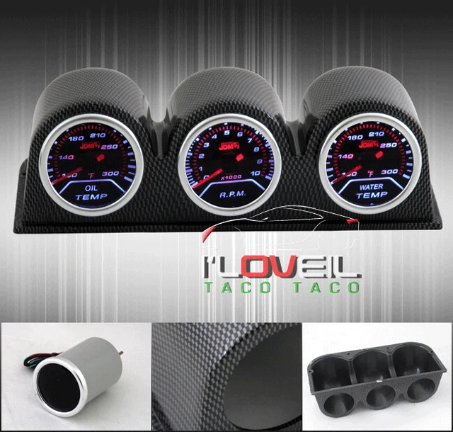 Oil Water Temp Temperature + Tach Meter Tachometer Gauges + Cf Three Pod Holder