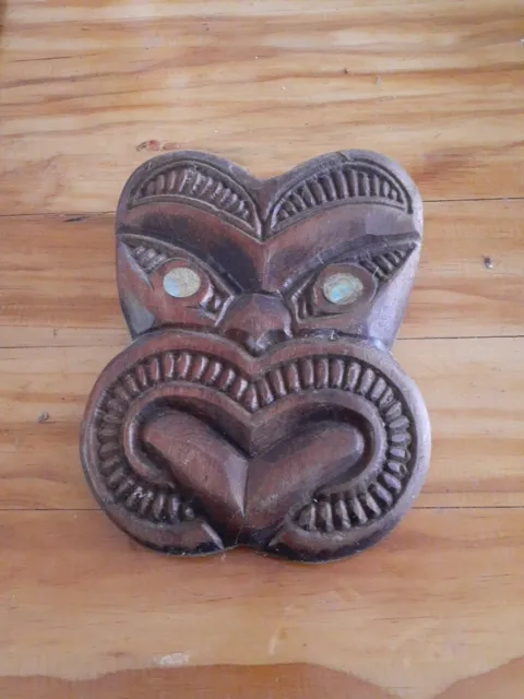 Vintage Hand Carved Maori Tiki Wooden Wall Hanging Paua Shell Eyes New Zealand