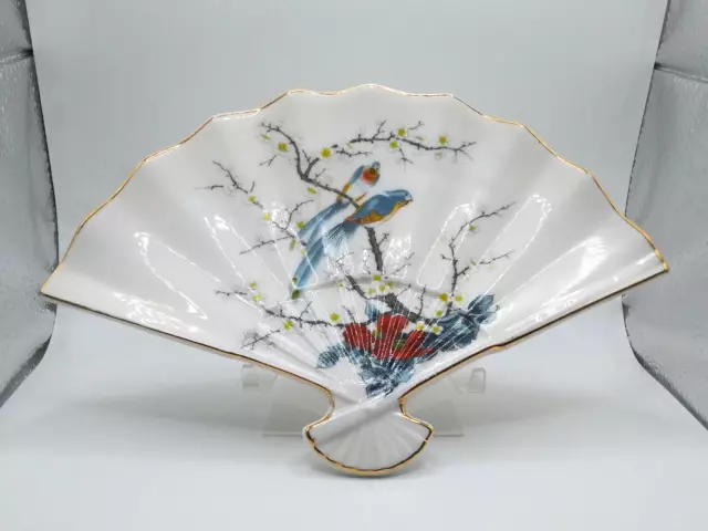 Fan Shaped Fine China Plate Birds Trinket Dish JAY Japan Vintage