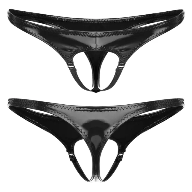 UK Mens Sexy Hollow Out Thong Patent Leather G-String Low Rise T-back Underwear 2