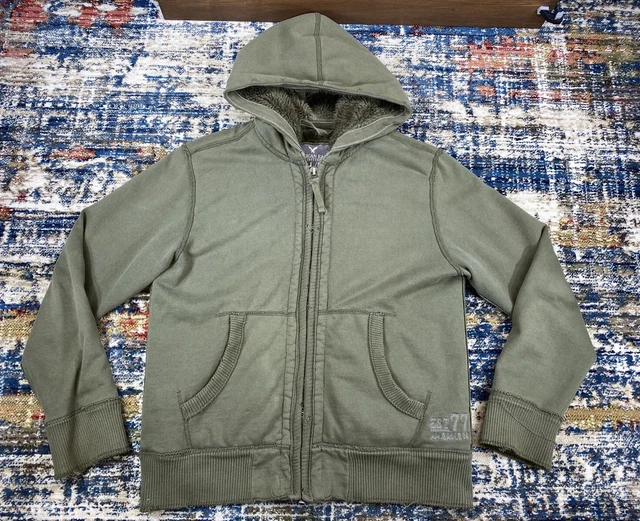 American Eagle Hoodie Men Large L Sherpa Lined Brown Full Zip Thick Warm Outdoor