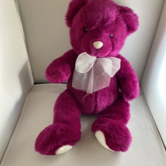 Magenta Plush BEAR w/ White Shear Bow & 18” White Heart Nose And Paws Walmart