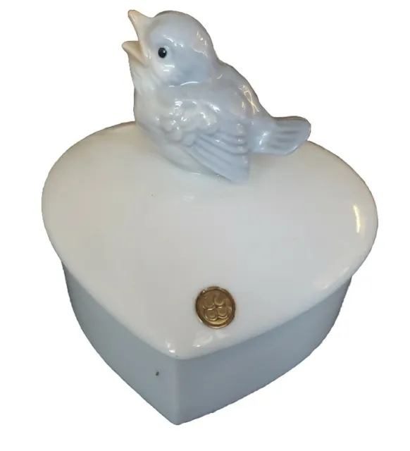 VTG Otagiri Porcelain Heart Trinket Box Blue Gray Bird Handle on Lid Japan