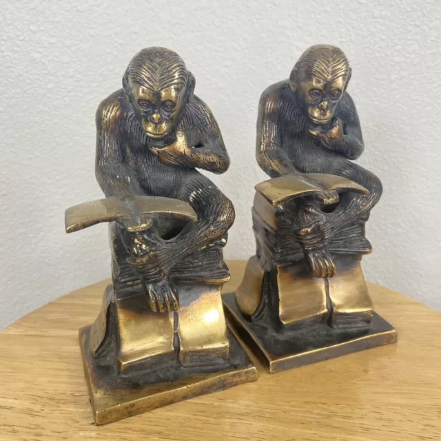 Vintage Heavy Brass Gold Monkey Reading Bookends Pair Made in India BEST OFFER