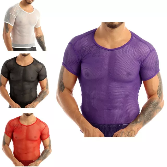 T-shirt uomo iEFiEL top maniche corte camicia a rete canottiera trasparente rete camicia sexy 2
