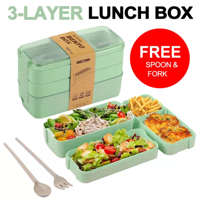 3-Layer Students Bento Box Lunch Food Container Eco-Friendly Leakproof 900ml