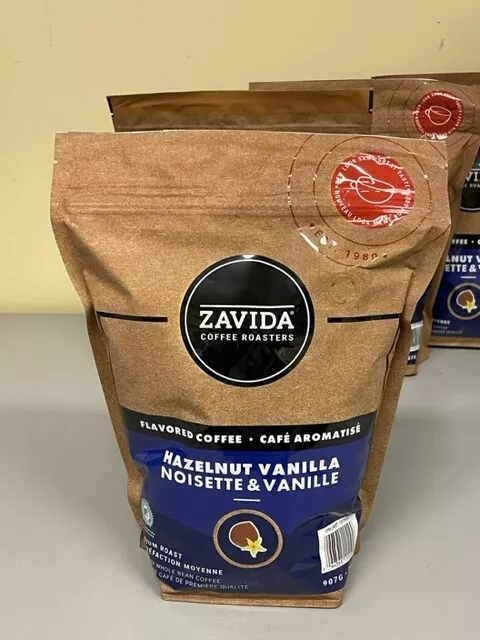 2 BAGS OF Zavida Premium Hazelnut Vanilla Whole Bean Coffee, 2 LB, 907 gr