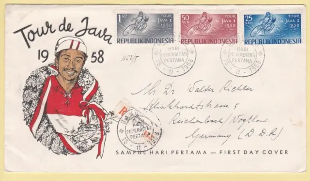 older INDONESIA First Day Cover FDC Scott #465-467 set Nov 15, 1958 Bicycle Tour