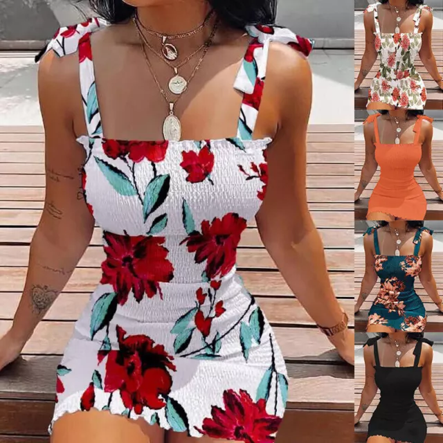Womens Floral Strappy Mini Dress Summer Bodycon Party Beach Stretch Dresses SIZE
