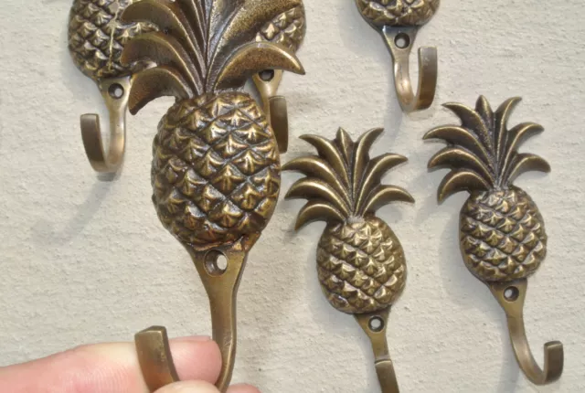 6 small PINEAPPLE 100% BRASS HOOK COAT WALL MOUNTED HANG old style hook 4" B