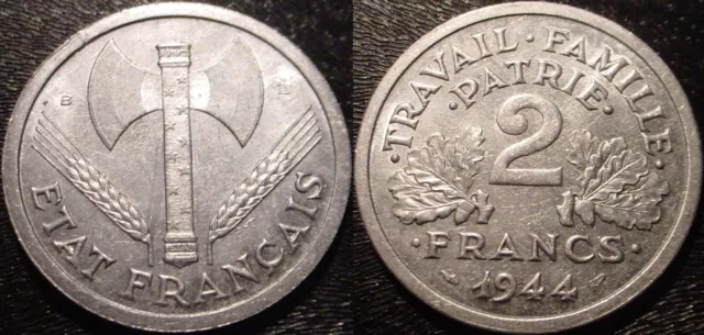 Hi Grade Unc**1944-B  2 Francs France-(Vichey State) Wwii**Superb Details**