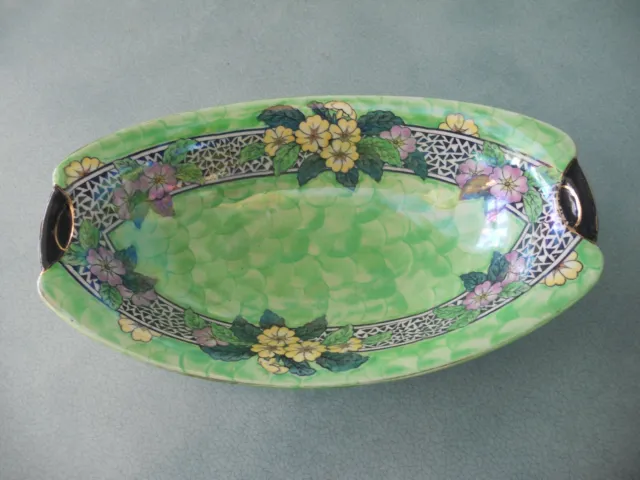 Antique / Vintage Maling Lustre Ware Green Long Oval Bowl / Dish With Primulas