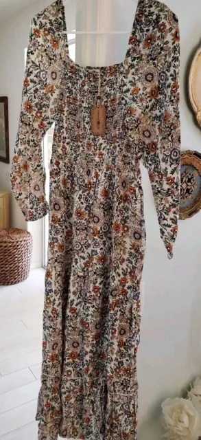 Natural Life Floral Maxi Dress  Smocked Tiered Romantic Boho Peasant Medium NEW