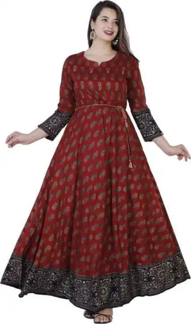 Indian Women Maroon Printed Kurta Kurti Long Anarkali Flared Dress Pakistani New