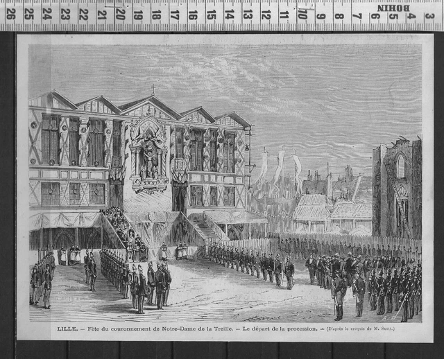 G342 / Engraving 1874 / Lille Fete Du Coronation De Notre Dame De La Treille