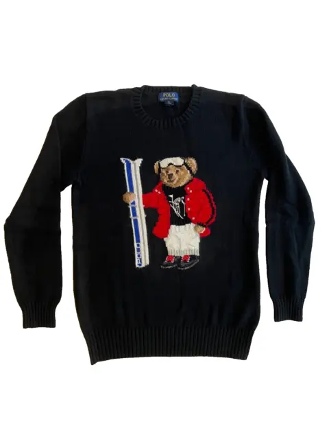 Rare Polo Ralph Lauren "Ski Bear" Black Cotton Intarsia Knit Jumper - Small/XS