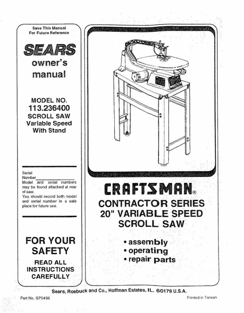 SCROLL SAW OPERATORS Maintenance Manual 1996 Craftsman 20" Model 113.