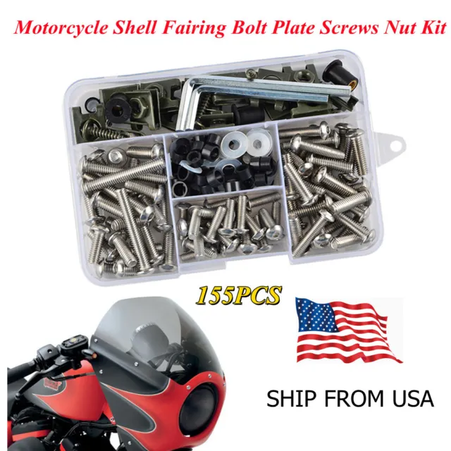 US Universal Motorcycle Shell Fairing Bolt Plate Screws Nut Kit 155pcs