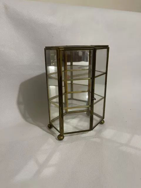 Brass & Glass Mini Curio Cabinet  Jewelry Trinket 3 Panel Display Vintage