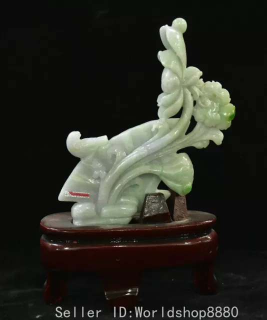 7.2" Old Chinese hetian jade emerald carving flower fan statue pedestal suit