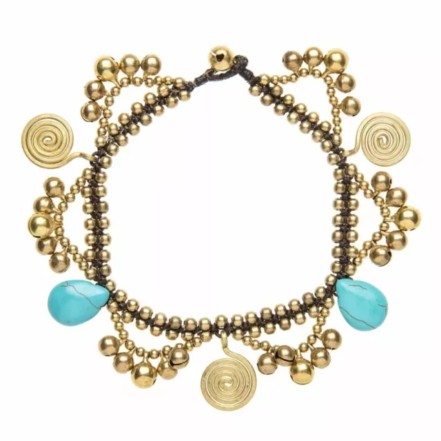 Ankle Bracelet Gold Brass Turquoise Spiral Bead Bell Anklet - 81stgeneration