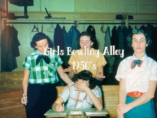 35mm slide - Girls at Bowling Alley - 1950's (Red Border)