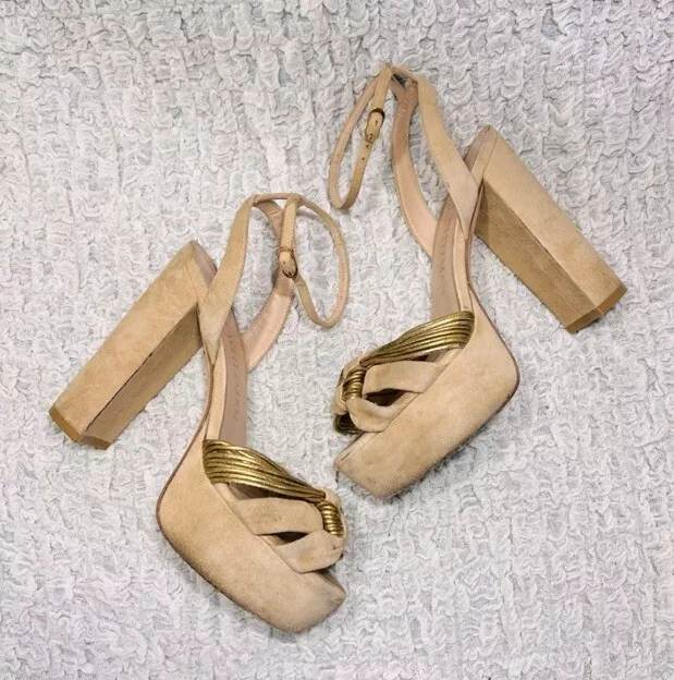 STUART WEITZMAN WOMEN’S 7 M Beige Suede Gold Leather Platform Sandals ...