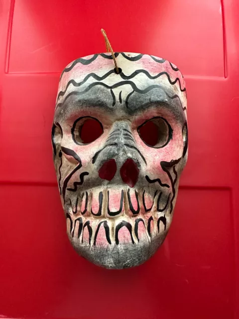 Vintage Mexican Guerrero Folk Art Carved Wood Skull Mask