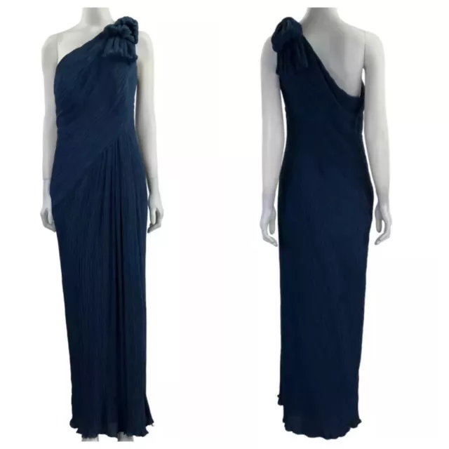 Tadashi Shoji Evening Gown Size 12 navy pleated one shoulder Maxi Dress