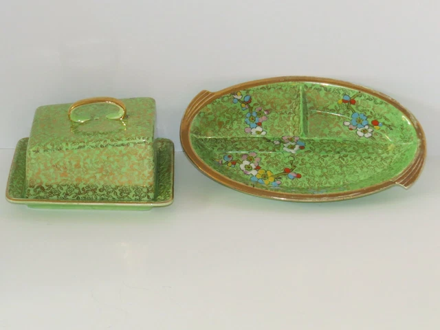 Rare Antique Royal Winton Grimwades Chintz Butter Dish & 3 Section Tray England