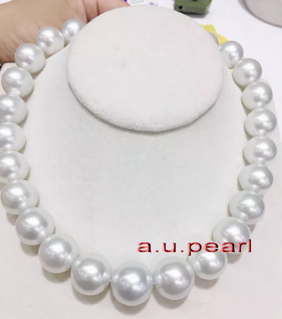 big AAA++ 17"13-14mm round REAL natural South sea WHITE pearl necklace 14K GOLD