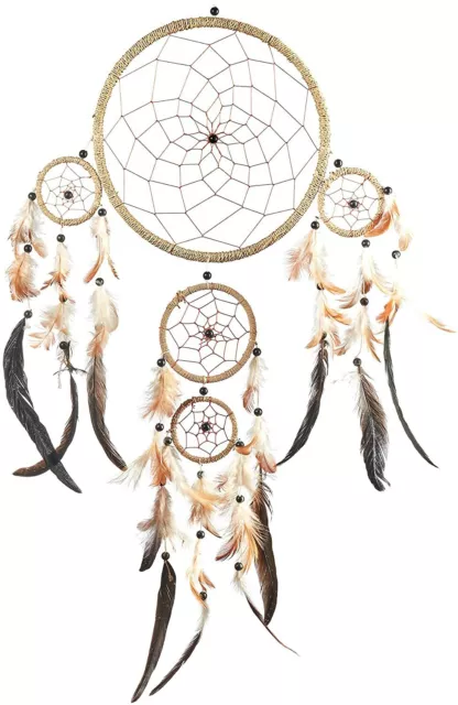 Grand Attrape Rêve Ficelle Naturelle Dreamcatcher Indien Perles Plumes Artisanal