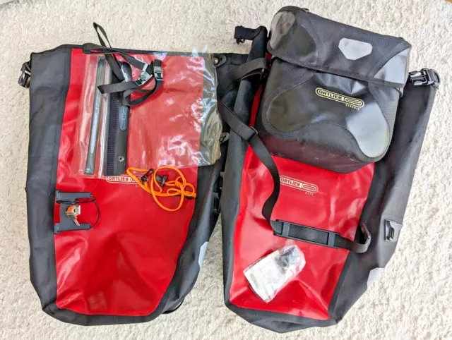 2 x Ortlieb City pannier in red and 1 x Classic handlebar bag in black set