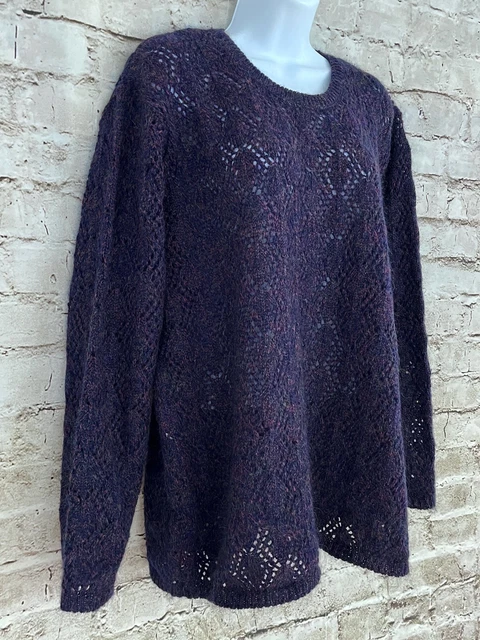 LL Bean Scottish Sz L Wool Blend Navy Purple Loose Knit Cable Vintage Sweater