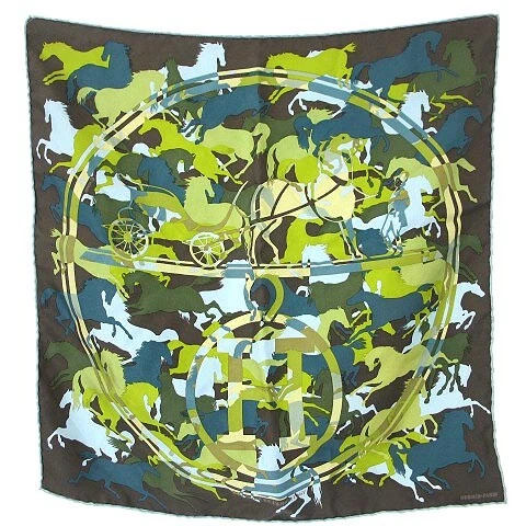 Hermes Ex Libris En Camouflage Boyfriend 40 Petit Scarf Silk 100 Horse Handle