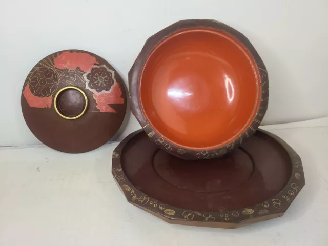 Japanese Wooden Lacquer ware Piece WOODEN TRAY/bowl with lid octagon tea 2