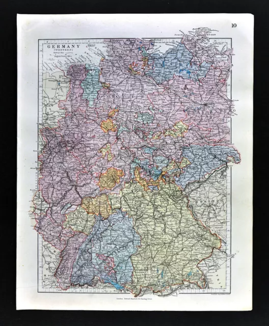 1885 Stanford Map Germany Bavaria Munich Berlin Hamburg Frankfurt Baden Antique