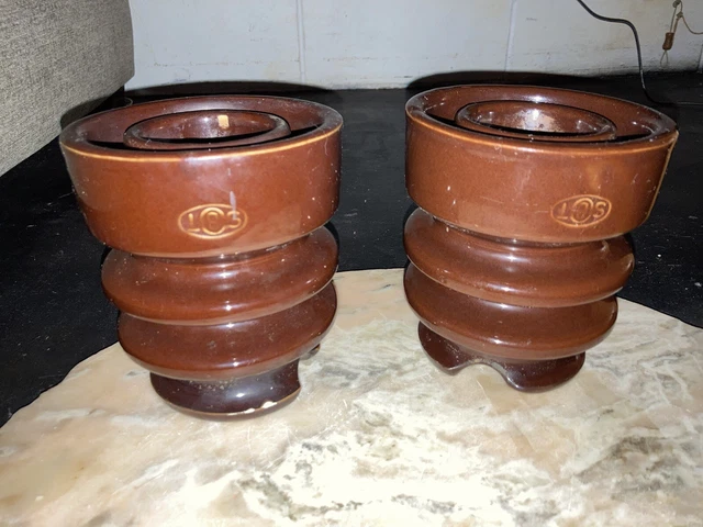 2 Vintage Brown Ceramic Porcelain Glazed Electric Insulators Antiques  Hawaiian