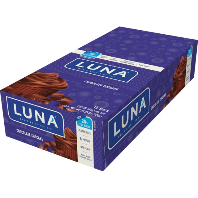 Clif Luna Bar Chocolate Cupcake Box of 15 Vitamins Minerals Nutrients GMO Free